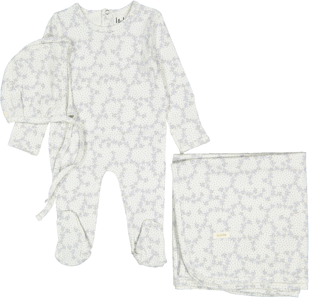 Blue Vintage Vine Footie+ Bonnet+ Blanket