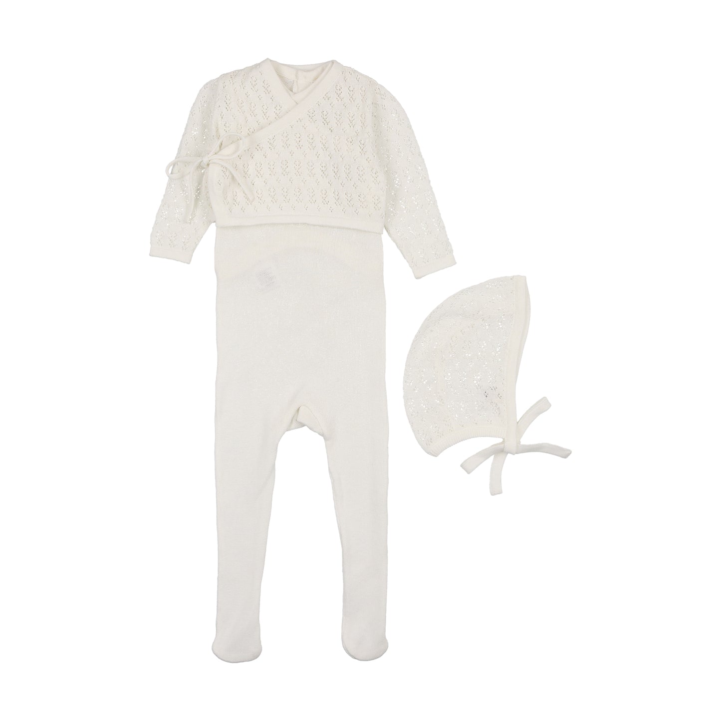 Winter White Knit Sleeveless Footie w Cardigan + Bonnet