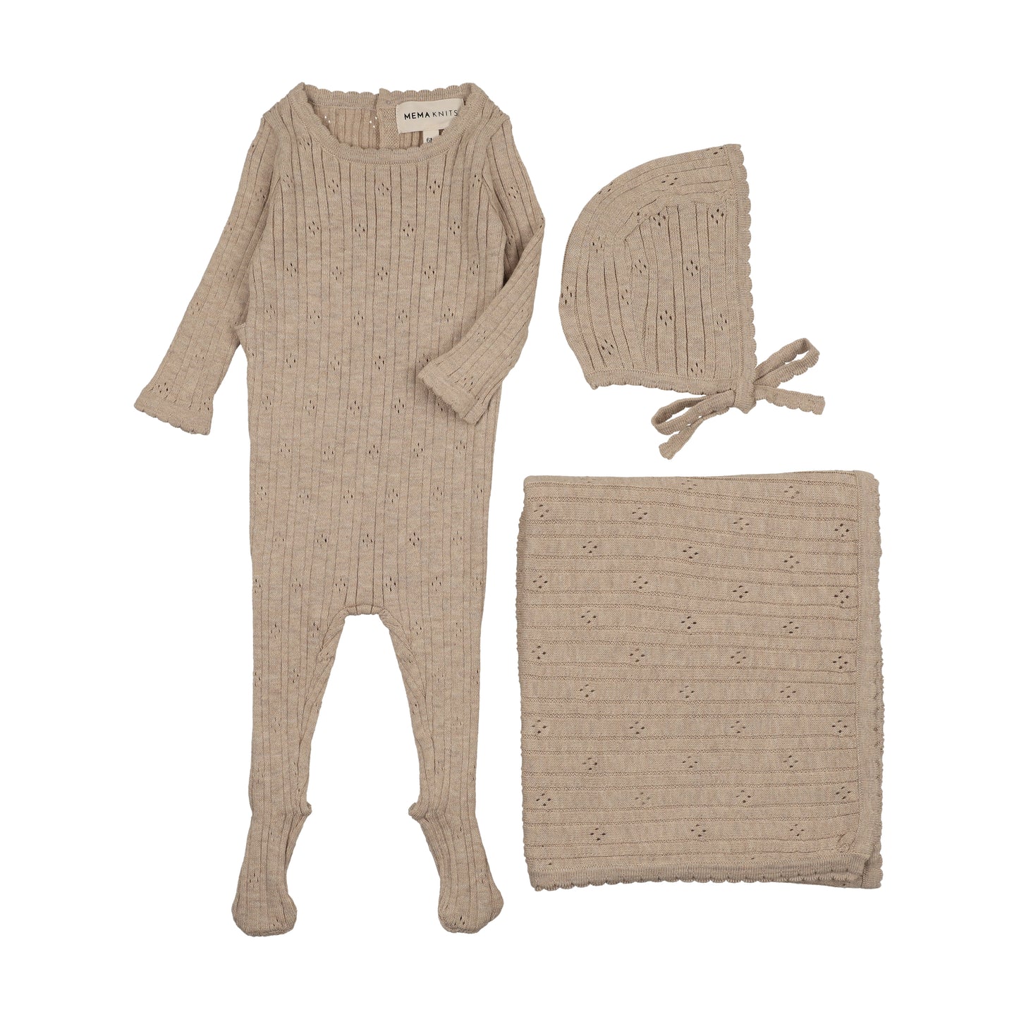 Mema Knits Beige Pointelle 3pc Set