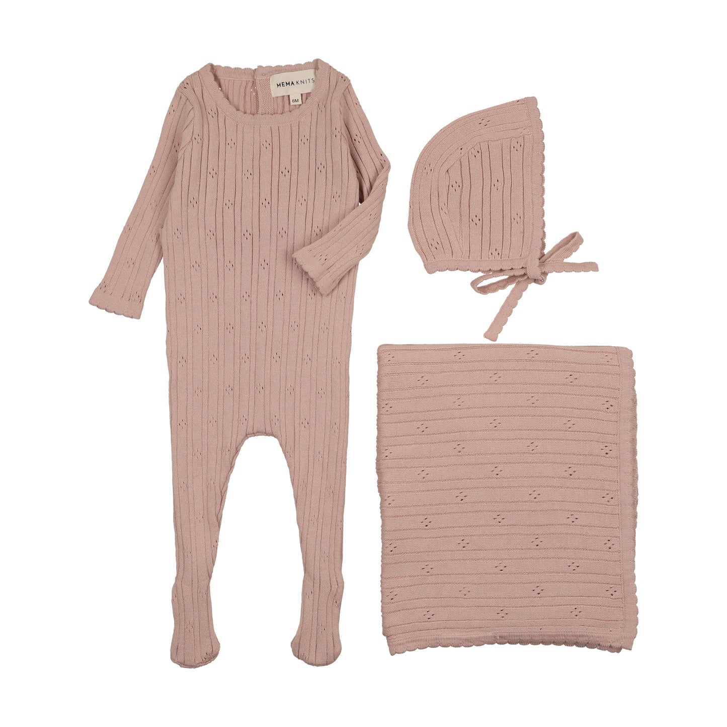 Mema Knits Pale Pink Pointelle 3pc Set