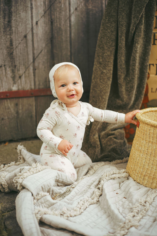 Ladida Layette Pink Pointelle Floral Romper + Bonnet