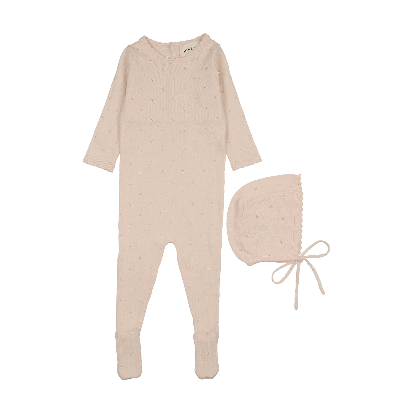 Mema Knits Light Pink Pointelle Knit Footie + Bonnet
