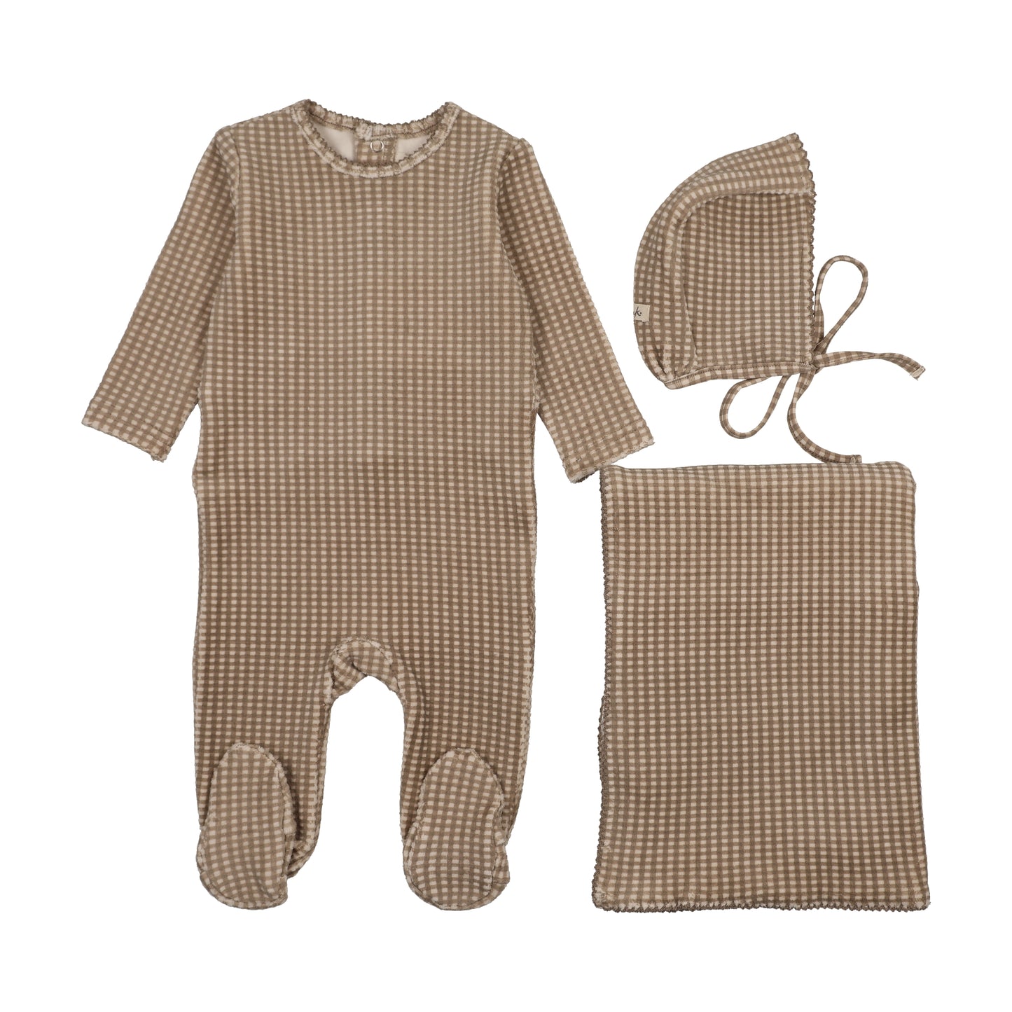 Mema Knits Taupe Velour Gingham 3pc Set