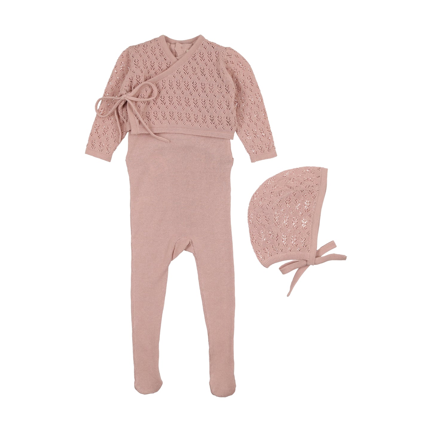 Peach Dust Knit Sleeveless Footie w Cardigan + Bonnet