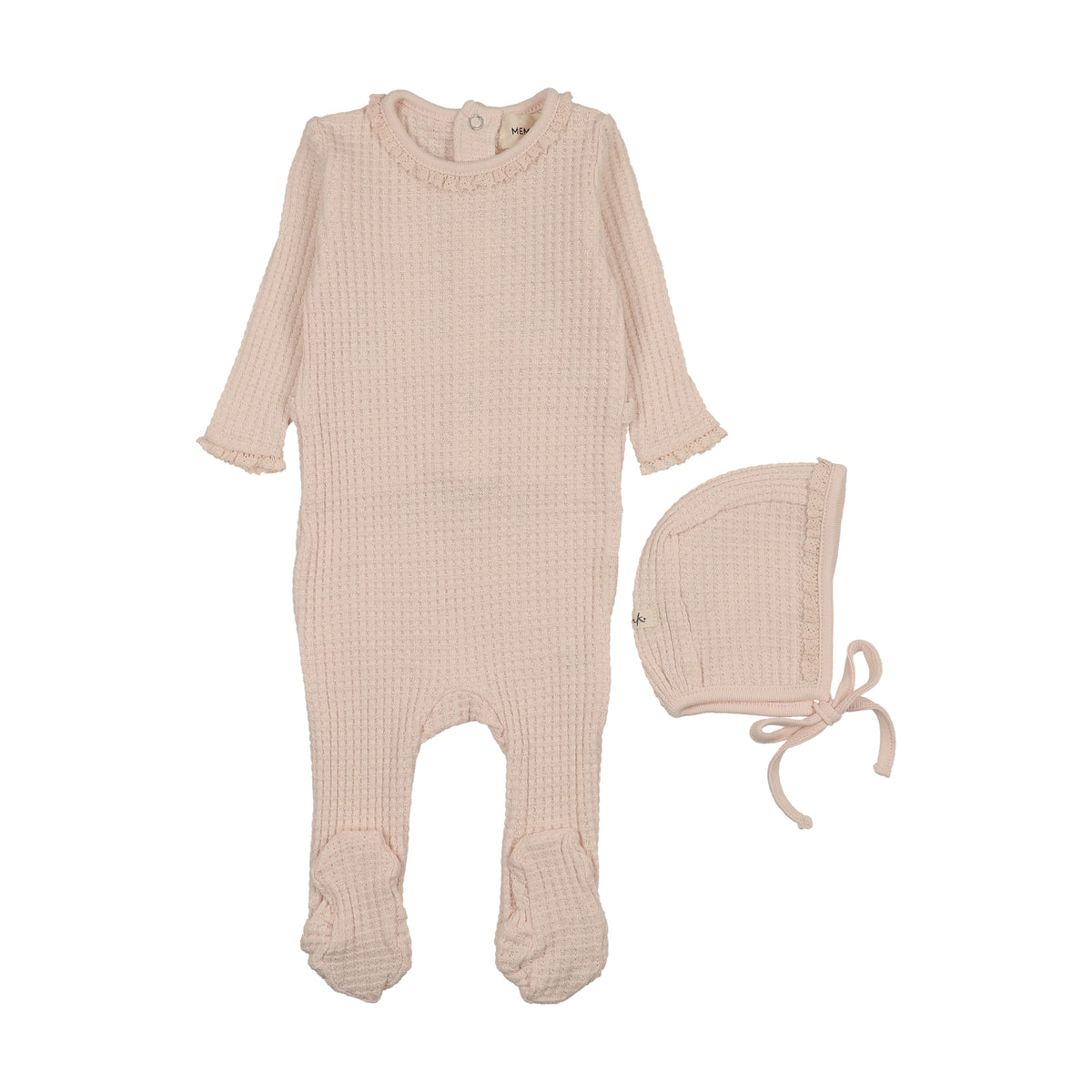 Honeycomb Waffle Trimmed Footie + Bonnet - Baby Blush