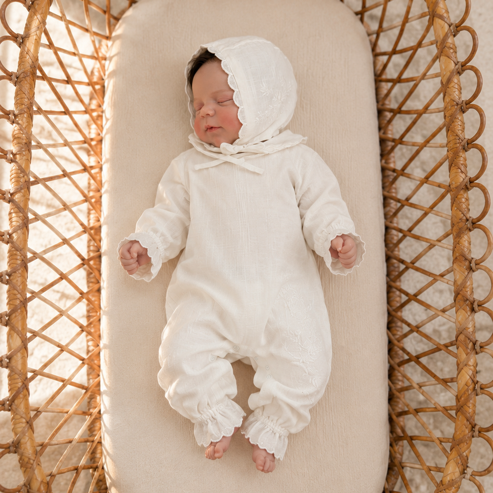 Cotton Embroidered Babygrow & Bonnet