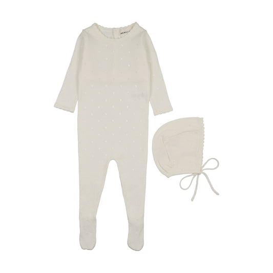 Mema Knits Pointelle Knit Footie + Bonnet Ivory