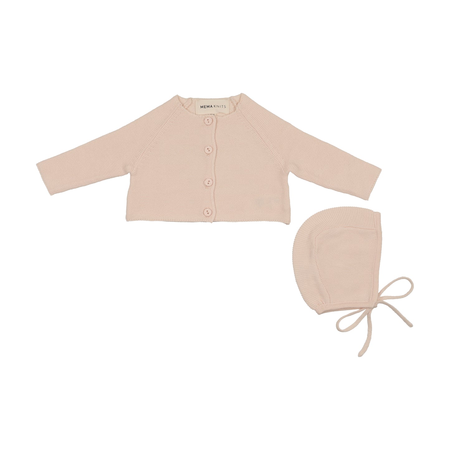 Mema Knits Flat Knit Cardigan + Bonnet Light Pink