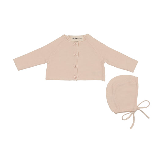 Mema Knits Flat Knit Cardigan + Bonnet Light Pink