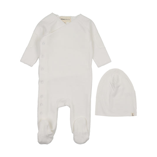 Velour Side Snap Footie + Beenie - Winter White