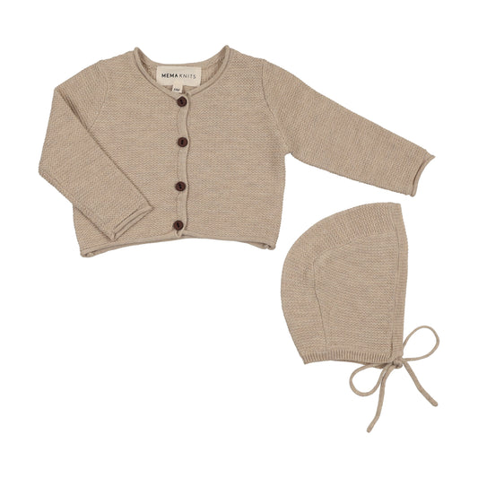 Mema Knits Beige Cropped Knit Cardigan + Bonnet