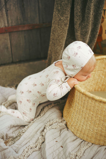 Ladida Layette Pink Pointelle Floral Romper + Bonnet
