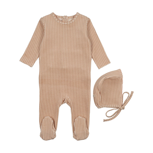 Mema Knits Pale Pink Velour Gingham Footie + Bonnet