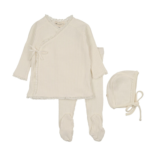 Waffle Ruffle Trimmed 2pc Set + Bonnet - Ivory