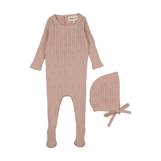 Mema Knits Pale Pink Pointelle Knit Footie + Bonnet
