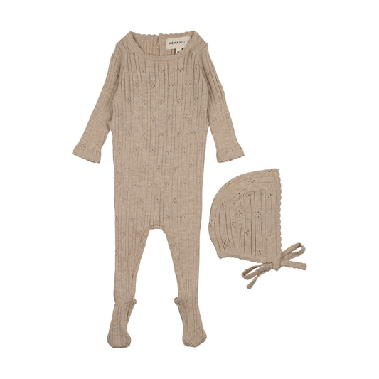 Mema Knits Beige Pointelle Knit Footie + Bonnet