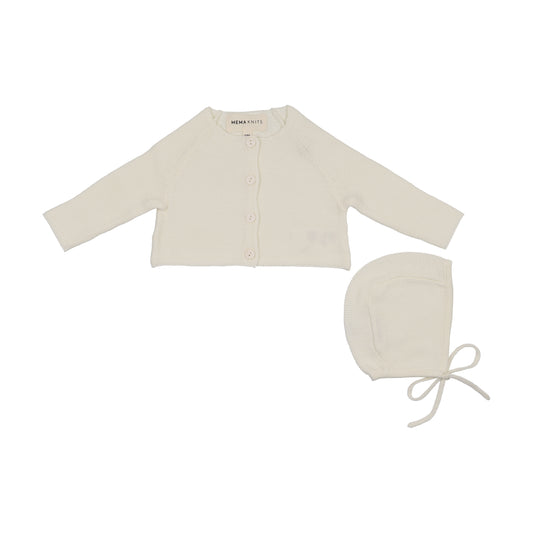 Mema Knits Flat Knit Cardigan + Bonnet Ivory