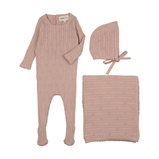 Mema Knits Pale Pink Pointelle 3pc Set