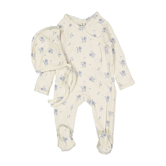 Ladida Layette Blue Pointelle Floral Romper + Bonnet