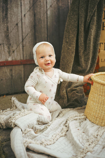 Ladida Layette Pink Pointelle Floral Romper + Bonnet
