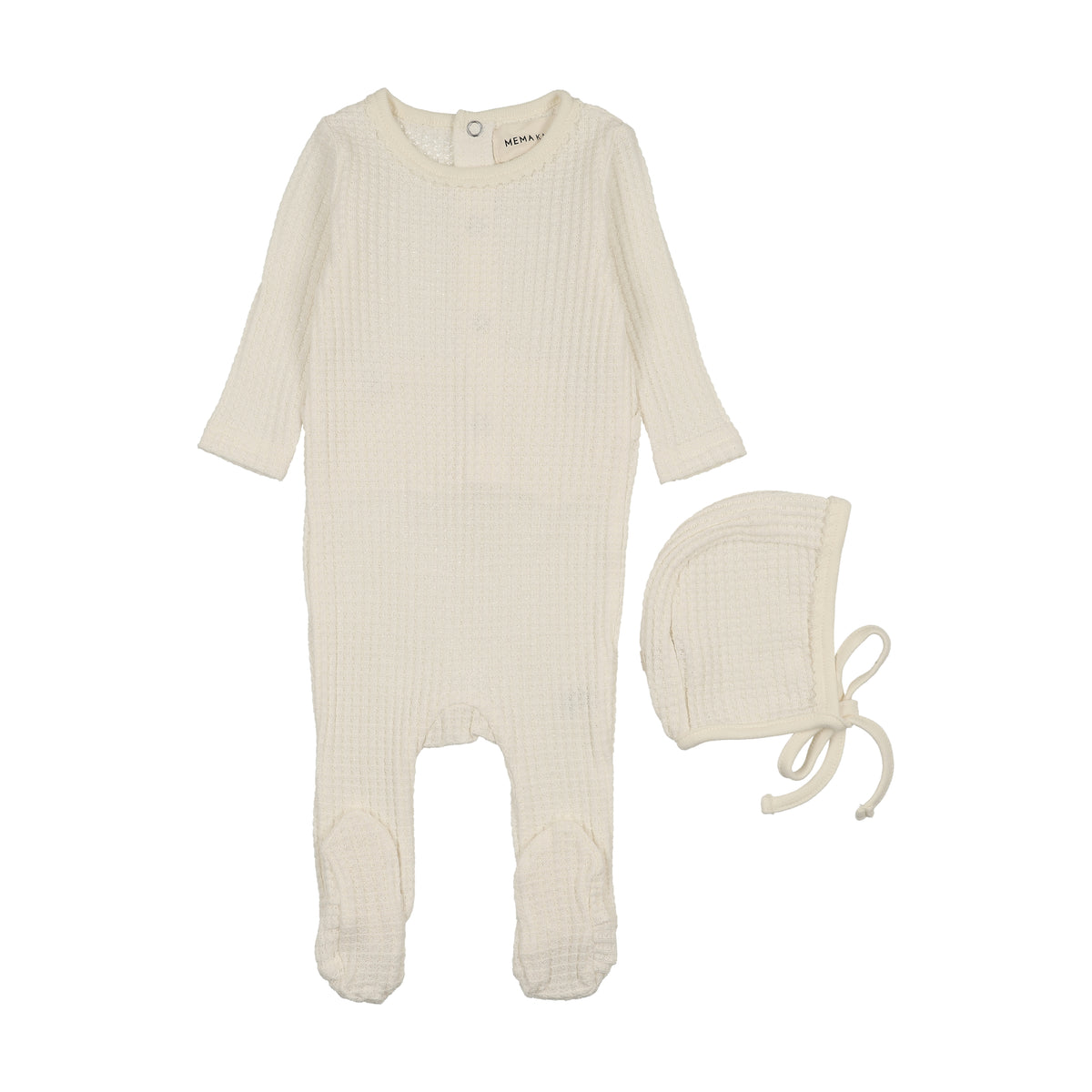 Honeycomb Waffle Trimmed Footie + Bonnet - Ivory ( Picot Edge)