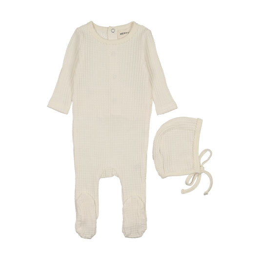 Honeycomb Waffle Trimmed Footie + Bonnet - Ivory ( Picot Edge)