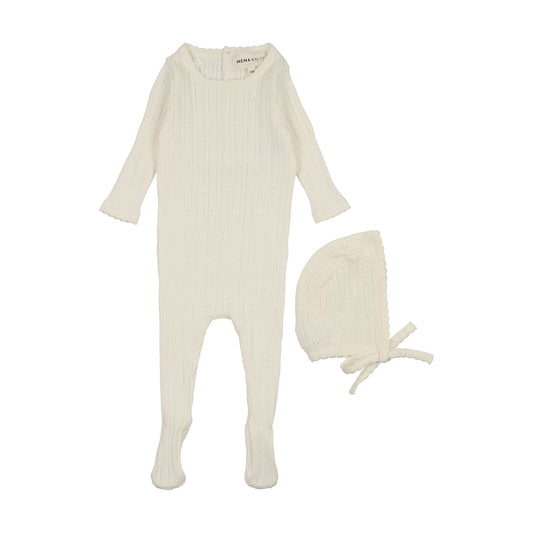Mema Knits Ivory Pointelle Knit Footie + Bonnet