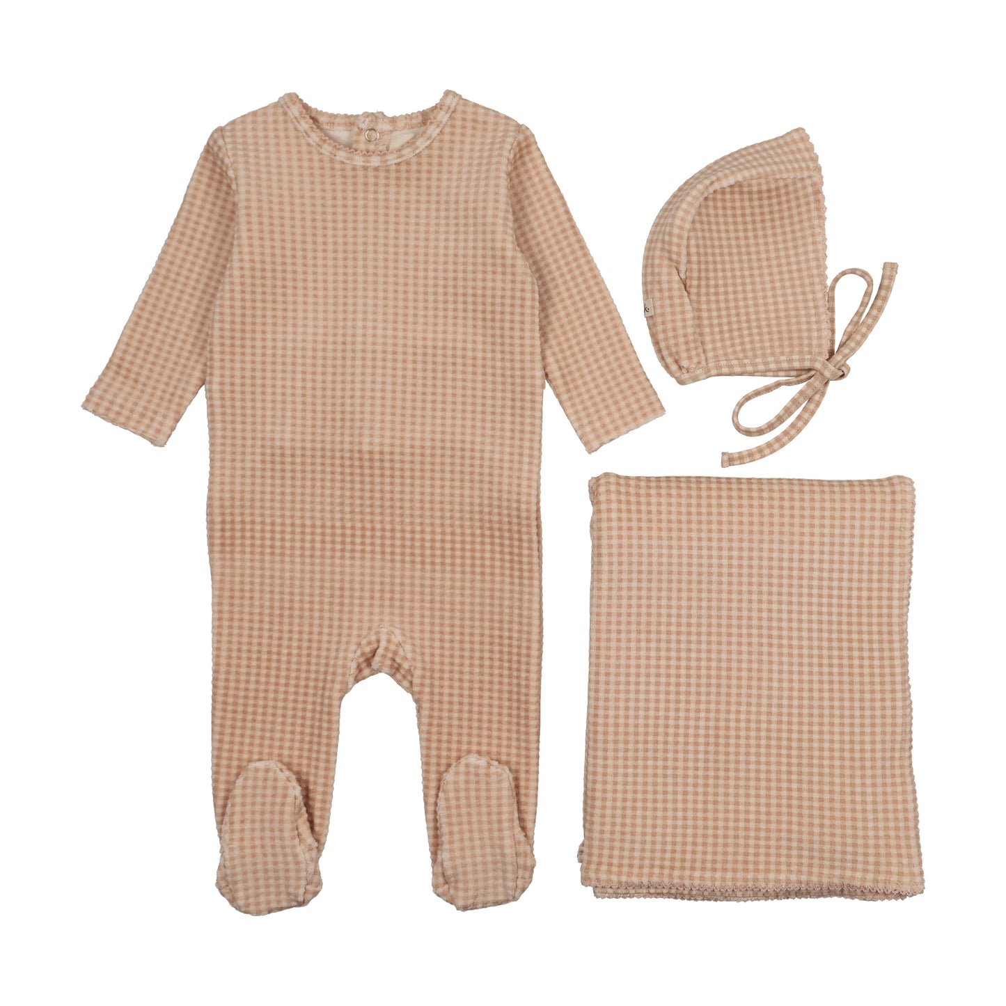 Mema Knits Pale Pink Velour Gingham 3pc set