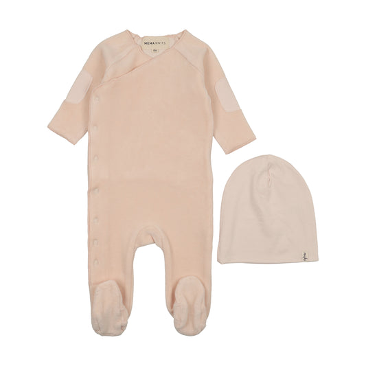 Velour Side Snap Footie + Beenie - Blush