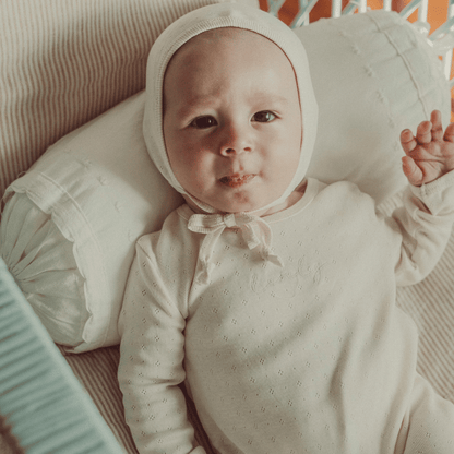 The Pointelle Romper & Bonnet - Oatmilk