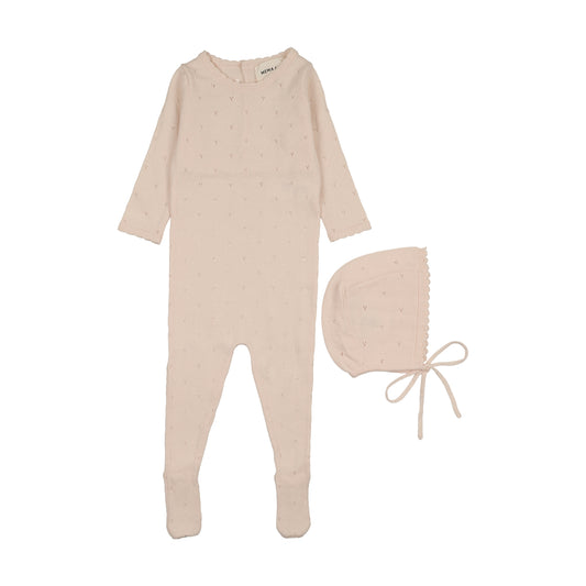Mema Knits Light Pink Pointelle Knit Footie + Bonnet