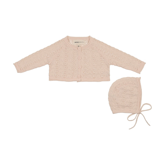 Mema Knits Pointelle Knit Cardigan + Bonnet