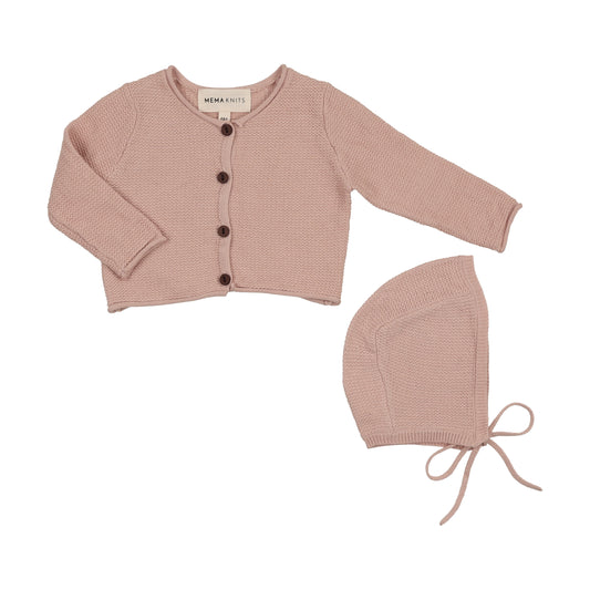 Mema Knits Pale Pink Cropped Knit Cardigan + Bonnet