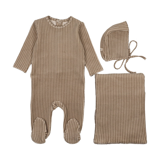 Mema Knits Taupe Velour Gingham 3pc Set